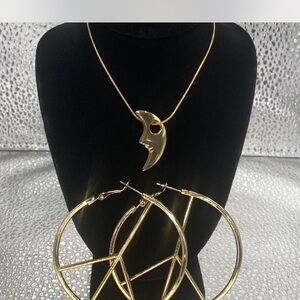 Gold  OOAK *** Crescent  Moon ^^^ Pendant Necklace /  Large Gold Hoop Earrings *